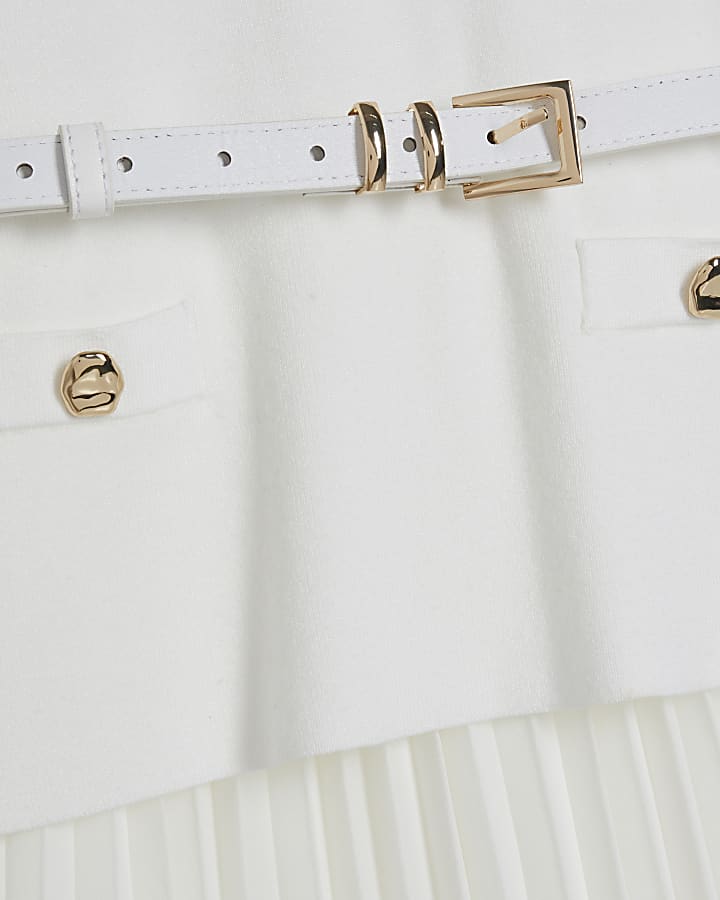 Cream Knitted Belted Pleat Hem Midi Dress