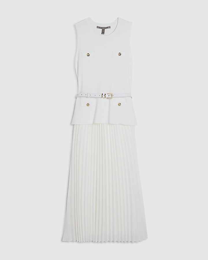 Cream Knitted Belted Pleat Hem Midi Dress
