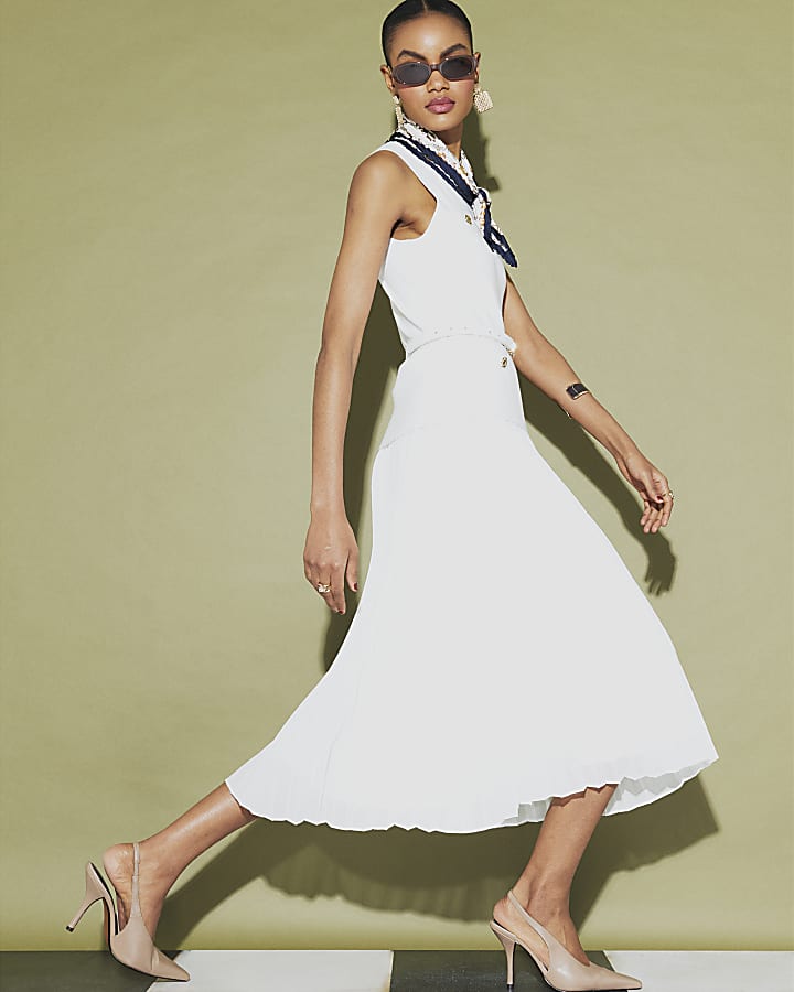 Cream Knitted Belted Pleat Hem Midi Dress