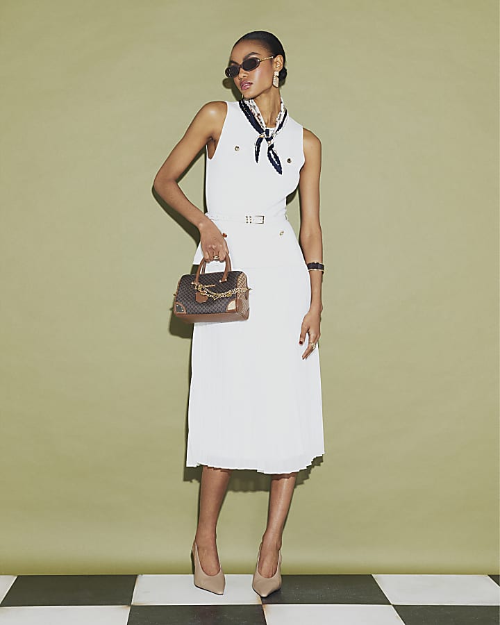 Cream Knitted Belted Pleat Hem Midi Dress