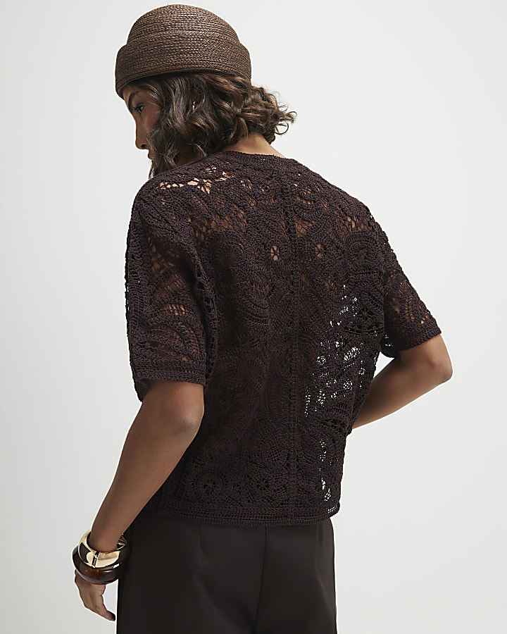 Brown Crochet Short Sleeve Cardigan