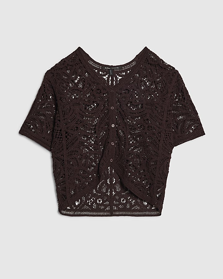 Brown Crochet Short Sleeve Cardigan
