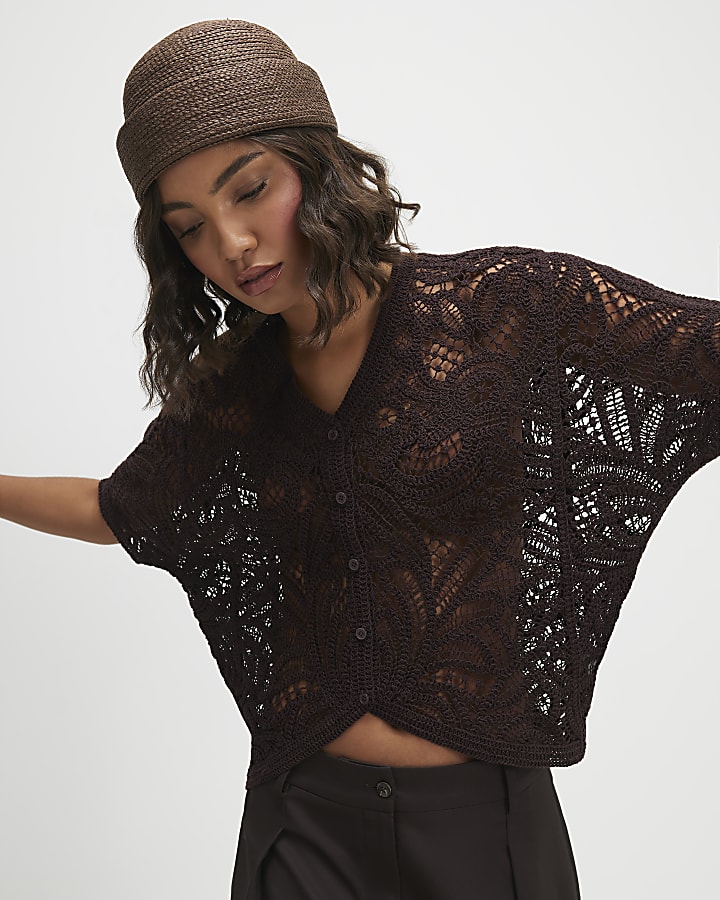 Brown Crochet Short Sleeve Cardigan