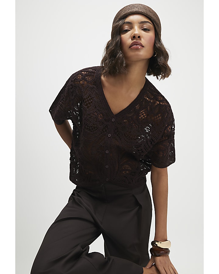Brown Crochet Short Sleeve Cardigan