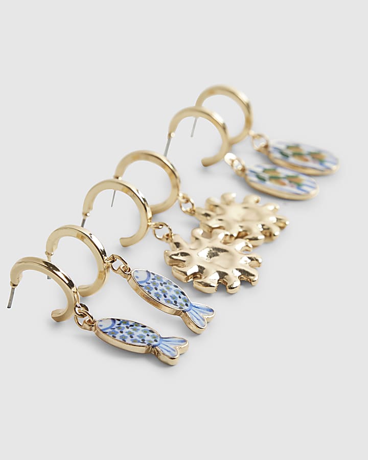 Gold and Ceramic Charm Multipack Earrings