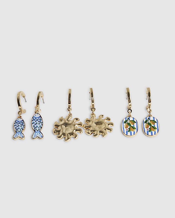 Gold and Ceramic Charm Multipack Earrings