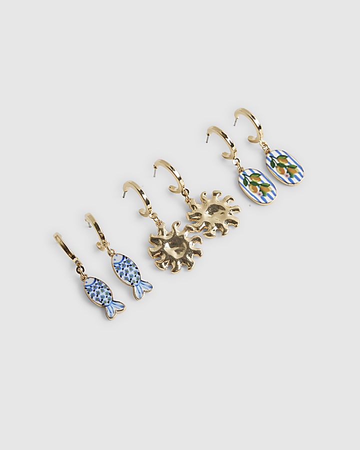 Gold and Ceramic Charm Multipack Earrings