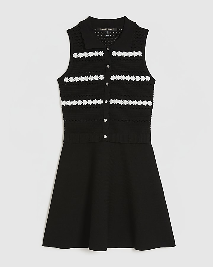 Black Knitted Flower Mini Skater Dress