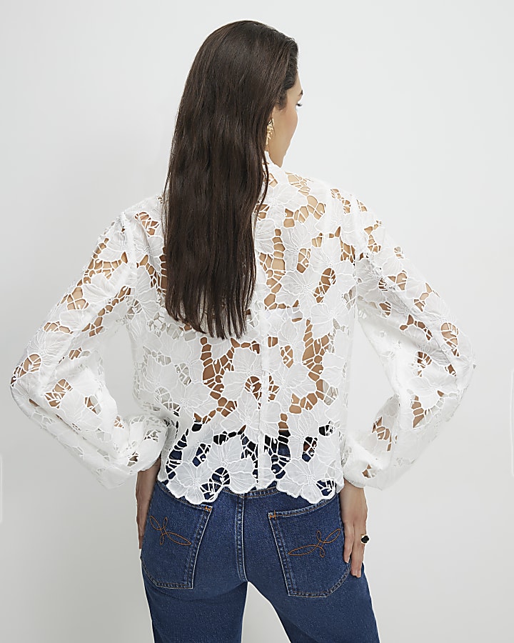 White High Neck Cutwork Lace Blouse