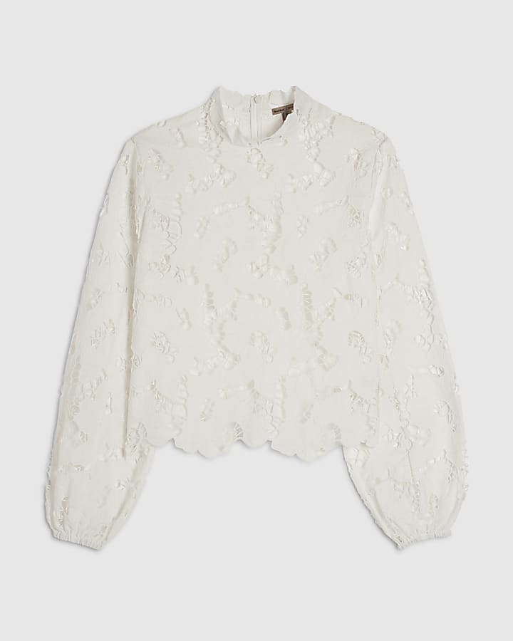 White High Neck Cutwork Lace Blouse