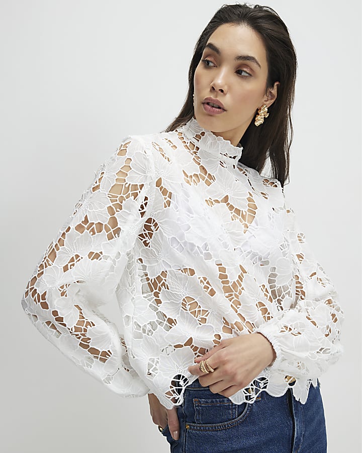 White High Neck Cutwork Lace Blouse