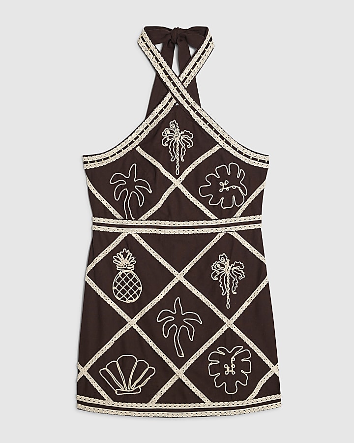 Petite Brown Motif Halter Mini Dress