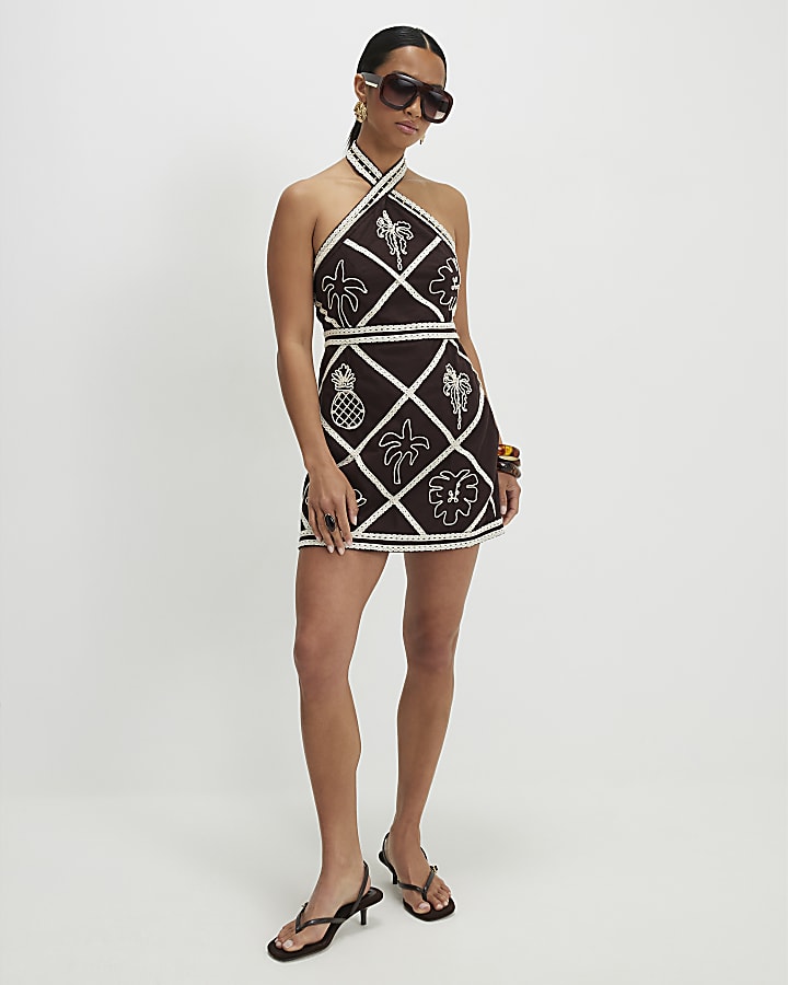 Petite Brown Embroidered Halter Mini Dress