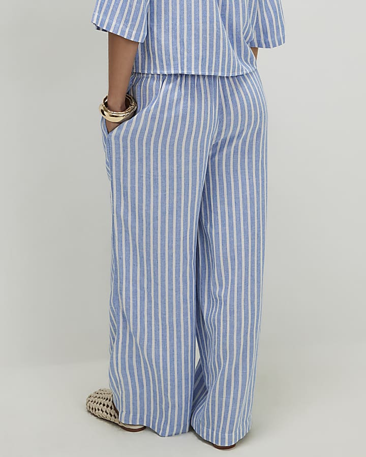 Petite Blue Linen Blend Stripe Trousers