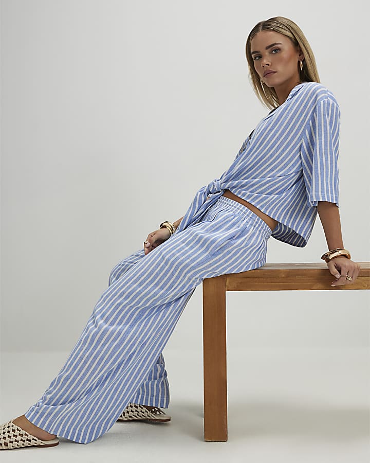 Petite Blue Linen Blend Stripe Trousers