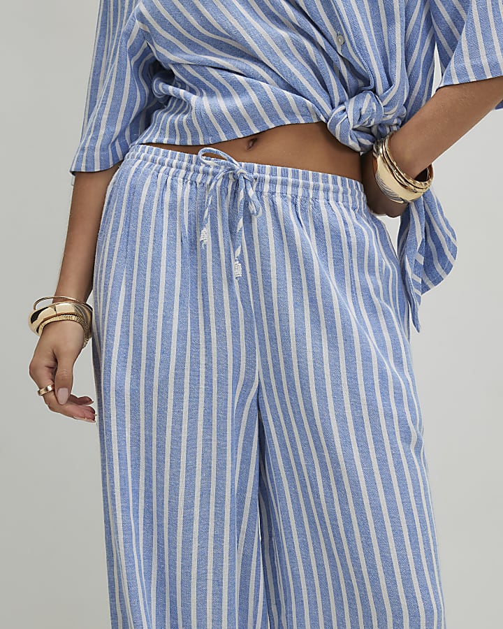 Petite Blue Linen Blend Stripe Trousers