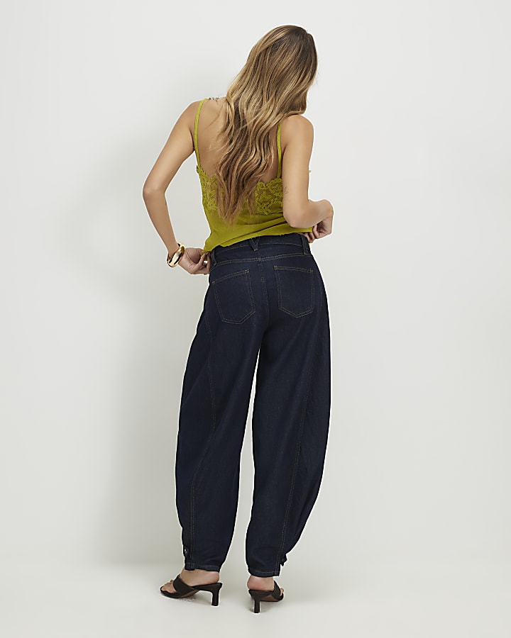 Blue Tab Hem Detail Barrel Leg Jeans