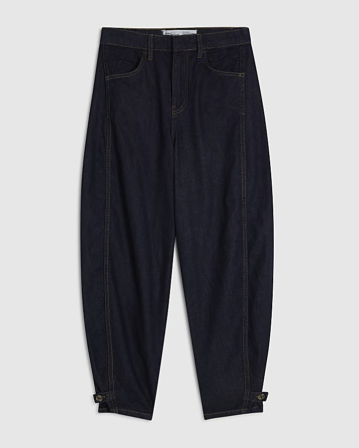 Blue Tab Hem Detail Barrel Leg Jeans
