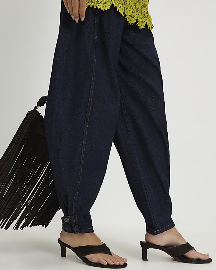 Blue Tab Hem Detail Barrel Leg Jeans