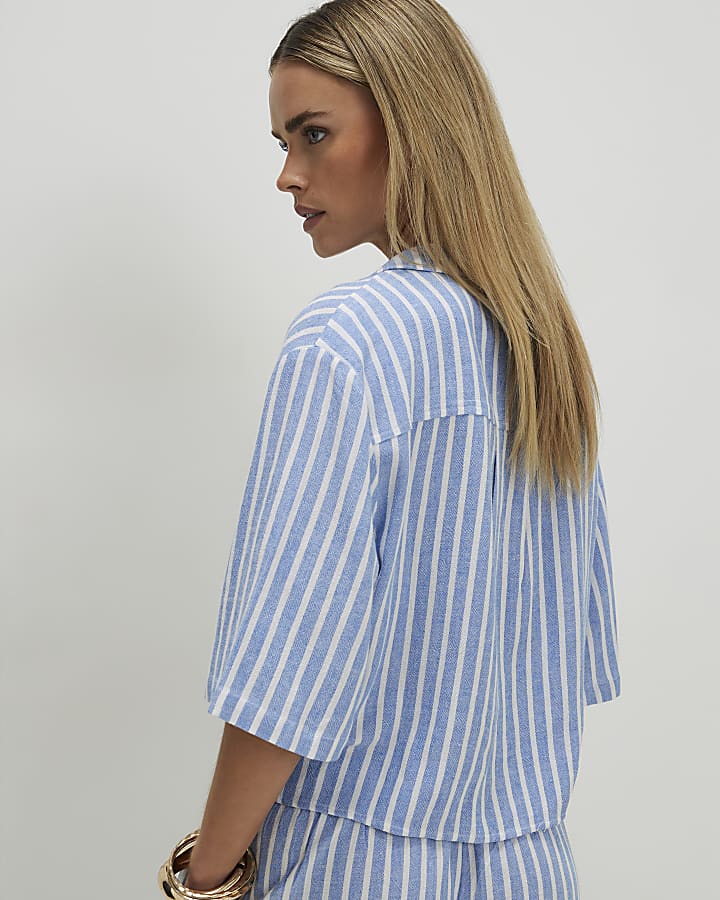 Petite Blue Linen Blend Stripe Tie Shirt