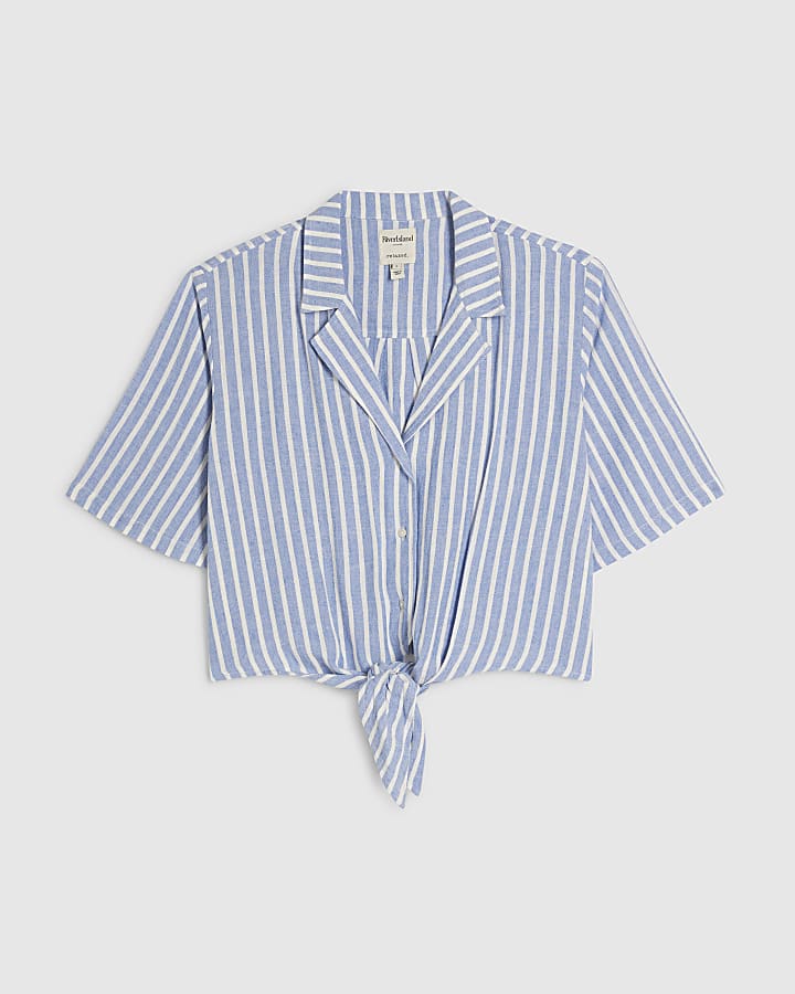 Petite Blue Linen Blend Tie Shirt
