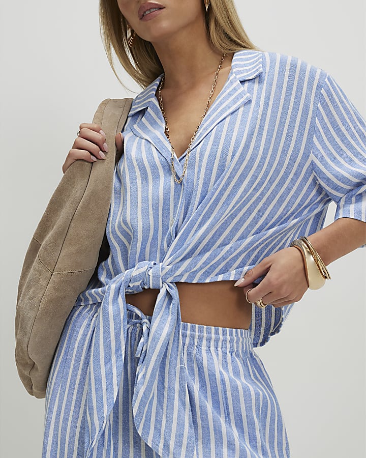 Petite Blue Linen Blend Stripe Tie Shirt
