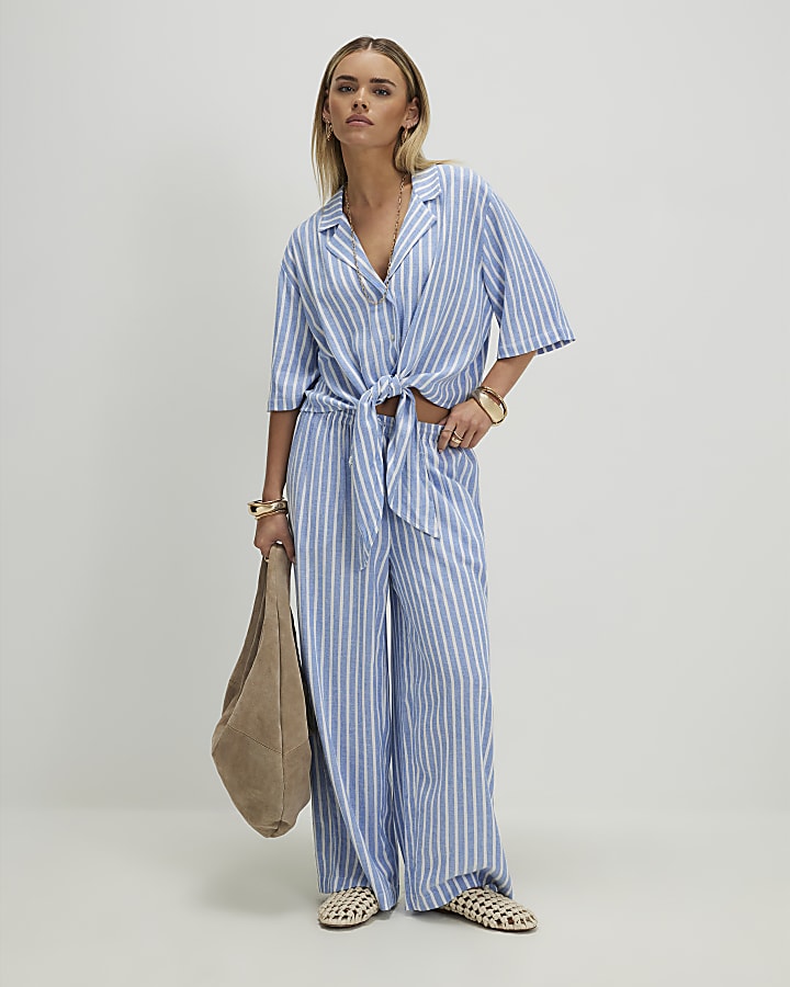 Petite Blue Linen Blend Stripe Tie Shirt