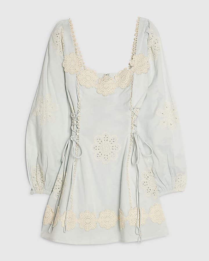 Petite Blue Broderie Daisy Mini Dress