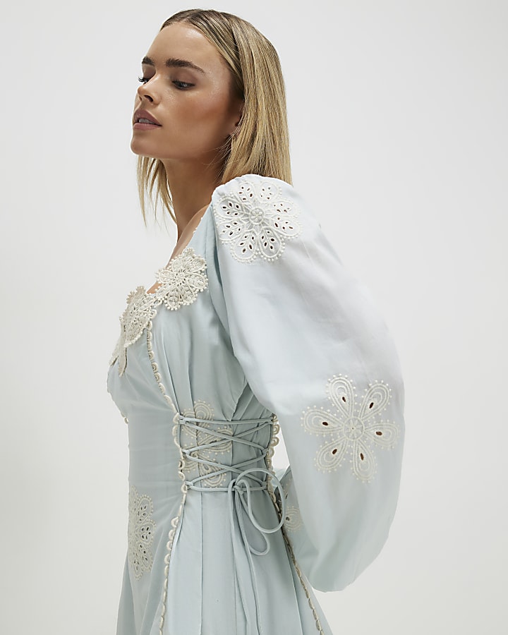 Petite Blue Broderie Daisy Mini Dress