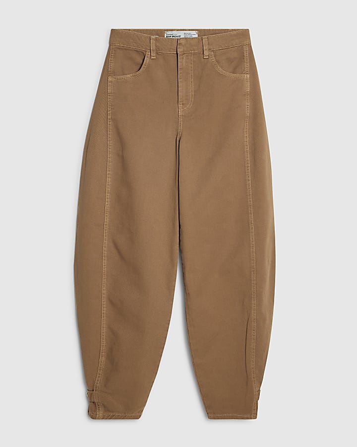Beige Tab Hem Detail Barrel Leg Jeans