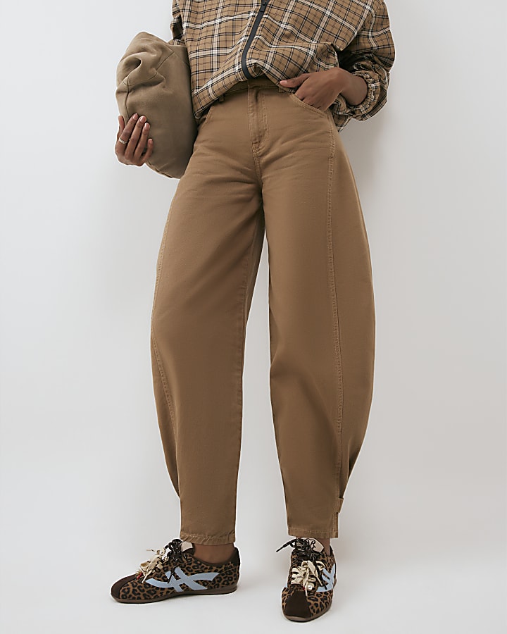 Beige Tab Hem Detail Barrel Leg Jeans