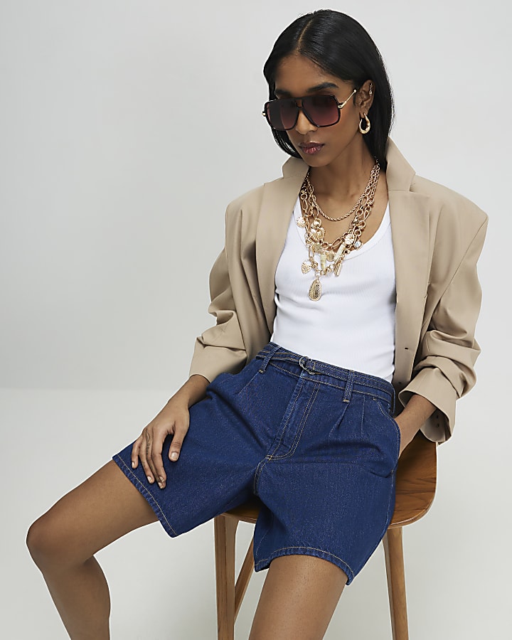 Blue Belted Tailored Denim Shorts