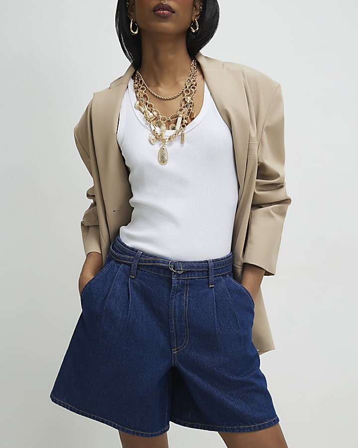 Blue Belted Tailored Denim Shorts