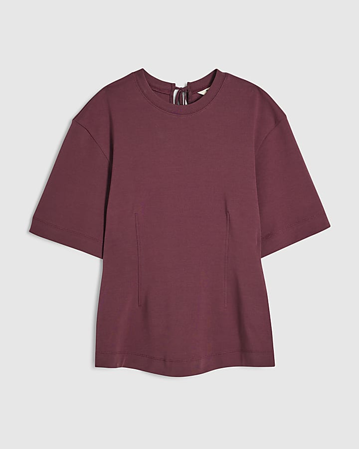 Red Short Sleeve Tie Back Seamed Top