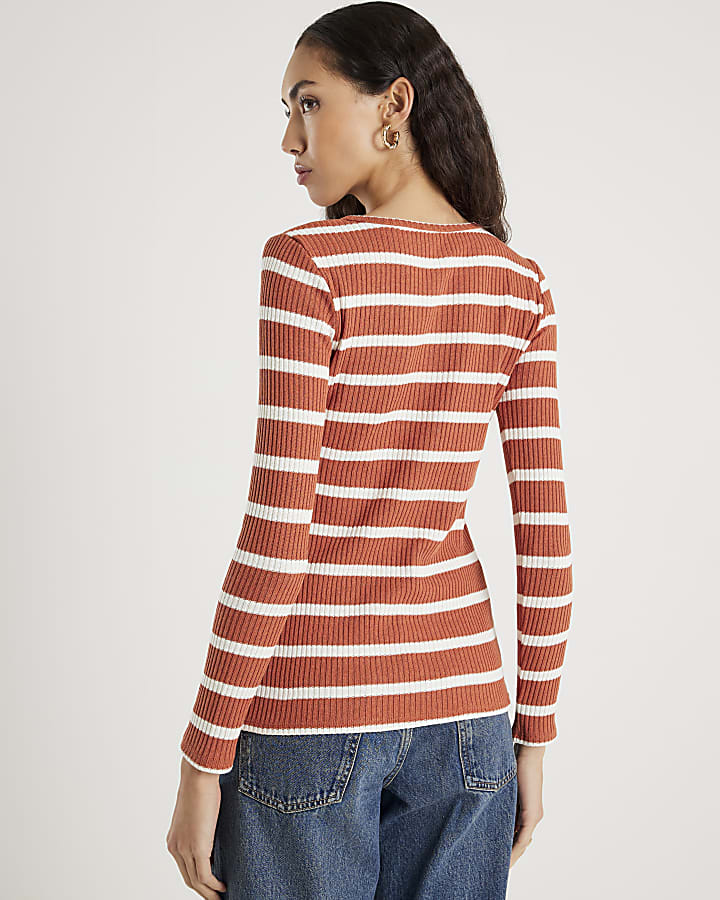 Brown Longline Striped Button Top