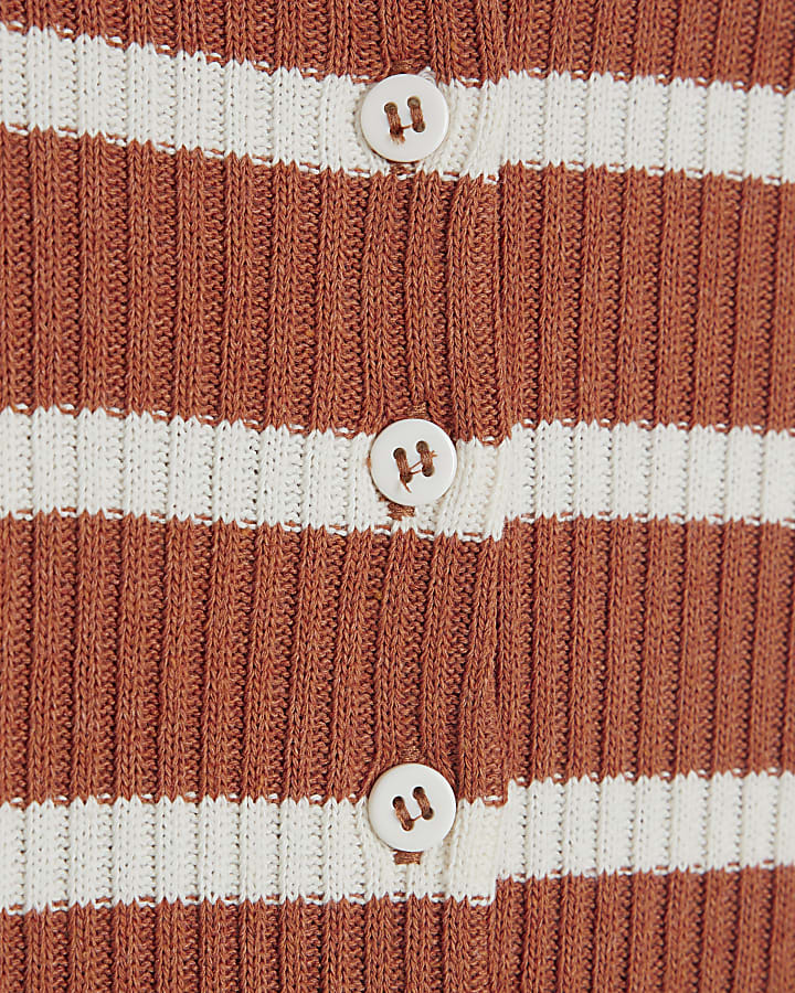 Brown Longline Striped Button Top