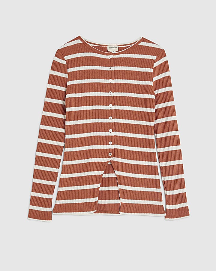 Brown Longline Striped Button Top