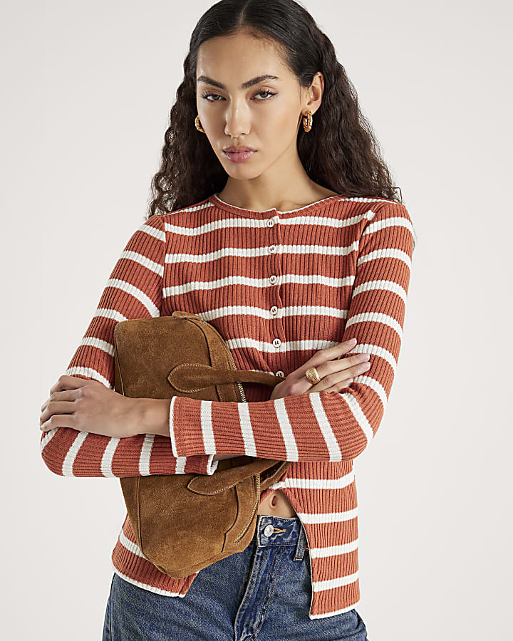 Brown Longline Striped Button Top