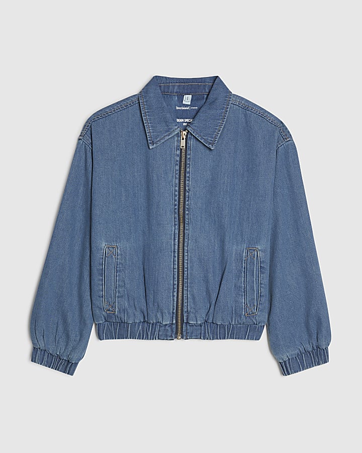 Blue Gather Detail Denim Bomber Jacket