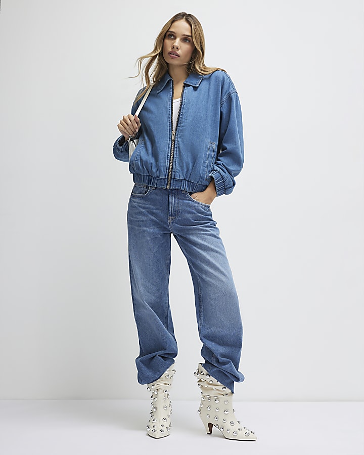 Blue Gather Detail Denim Bomber Jacket