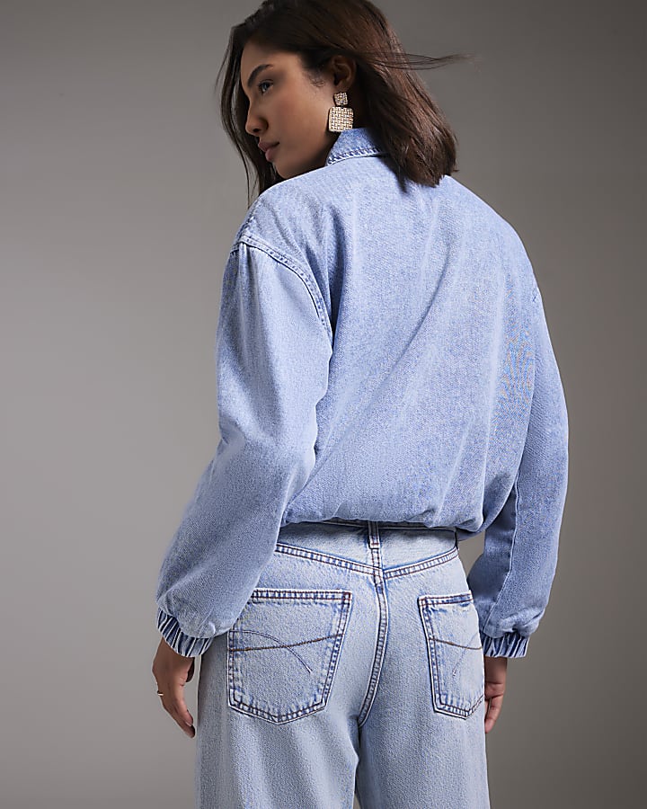 Blue Gathered Denim Bomber Jacket