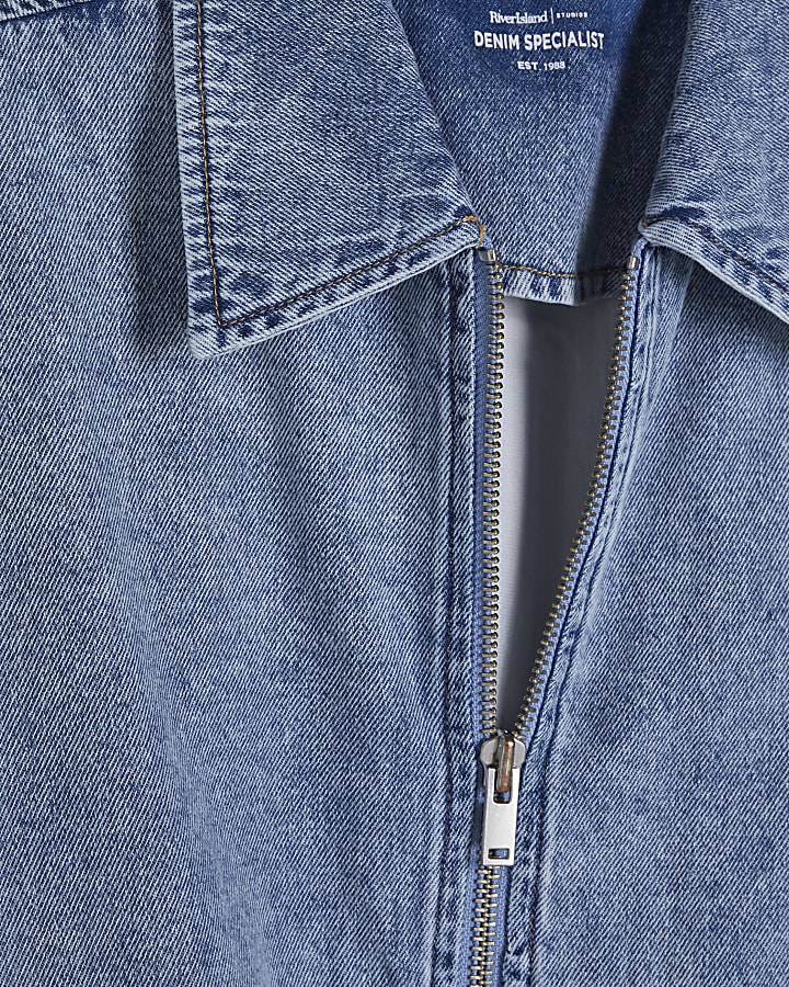 Blue Gathered Denim Bomber Jacket