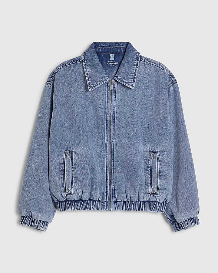 Blue Gathered Denim Bomber Jacket