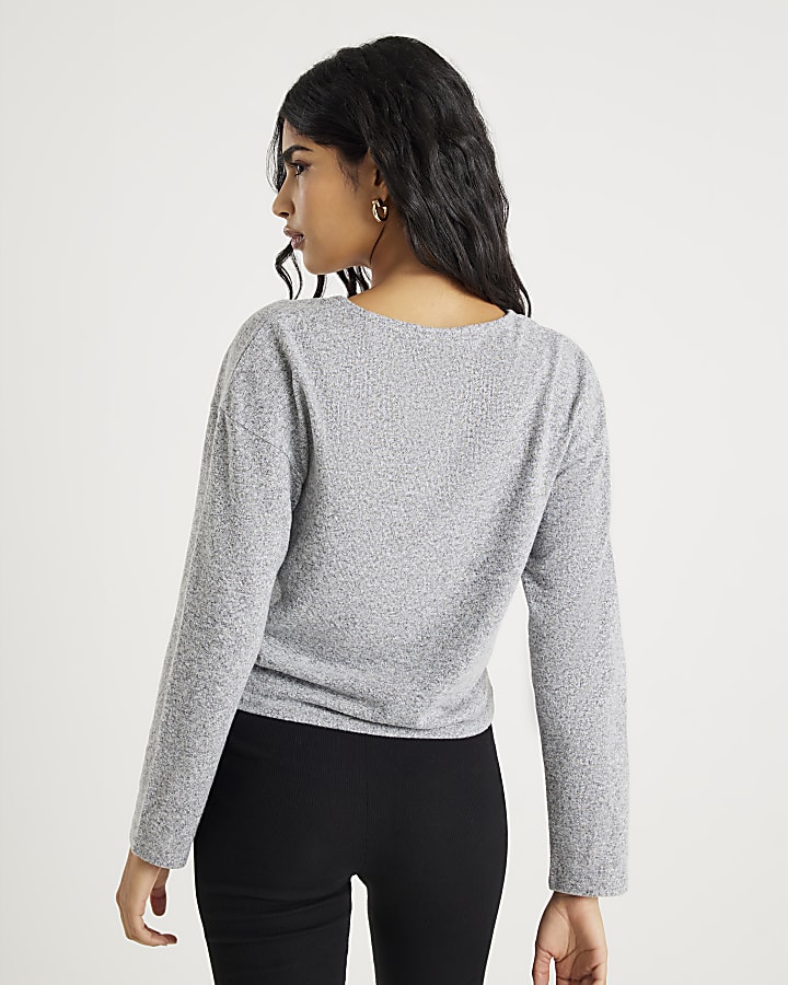 Grey Cosy Long Sleeve Twist Front Top