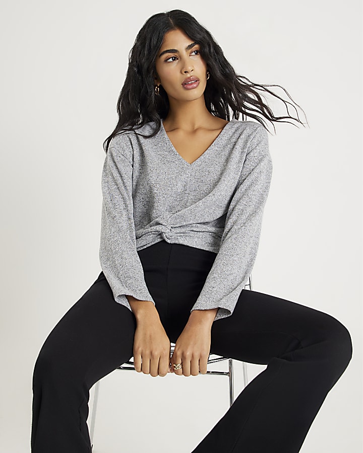 Grey Cosy Long Sleeve Twist Front Top