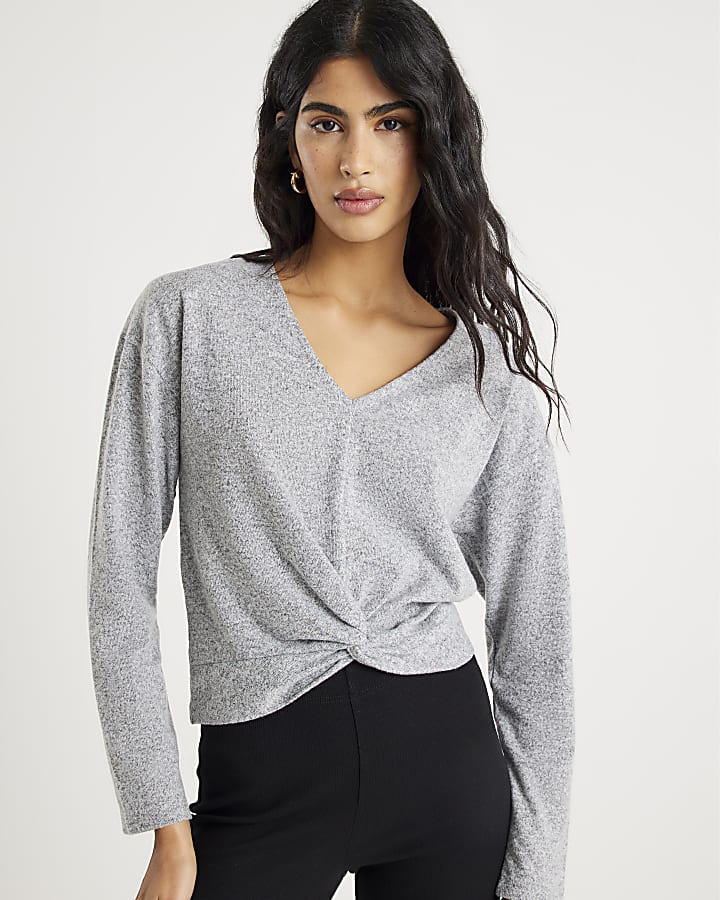 Grey Cosy Long Sleeve Twist Front Top