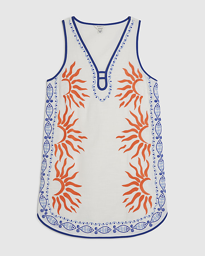 Cream Sun Embroidered Border Mini Dress