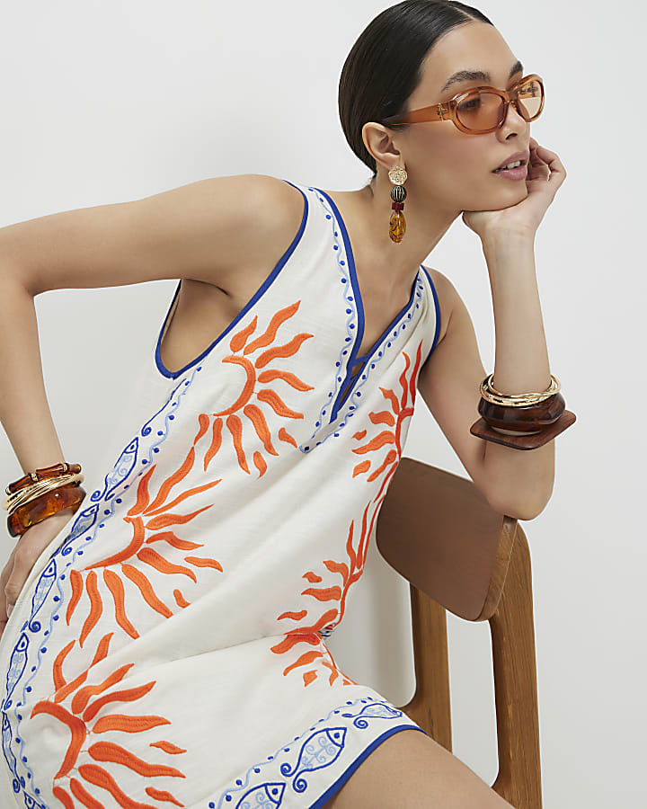 Cream Sun Embroidered Border Mini Dress
