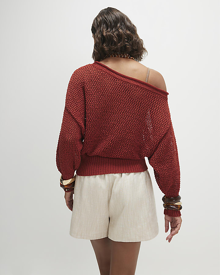 Red Open Stitch Knitted Off Shoulder Top