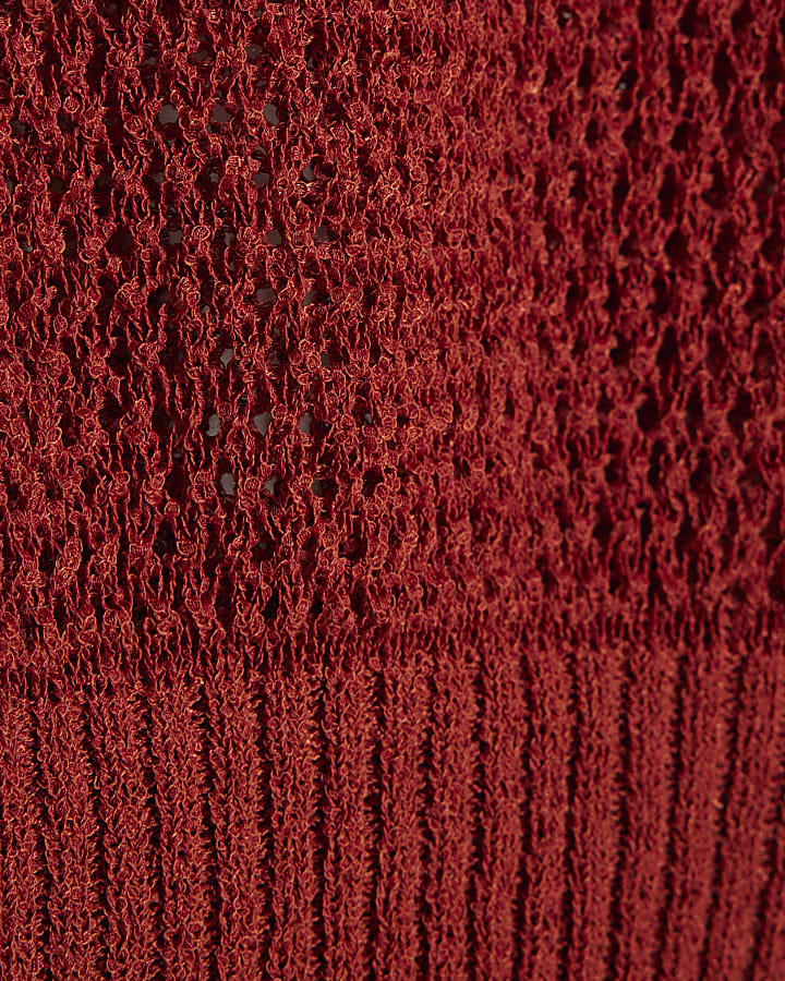 Red Open Stitch Knitted Off Shoulder Top